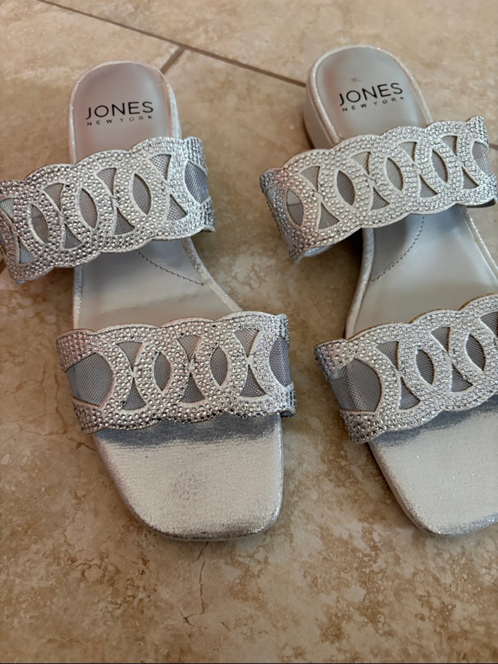 Jones New York Silver Crystal Double-Strap Slide Mules